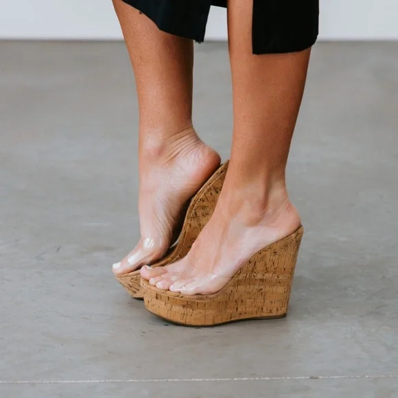 Bamboo Wedge Sandal Clear Strap Womens Size 7.5 Slip On Style - Picture 3 of 16